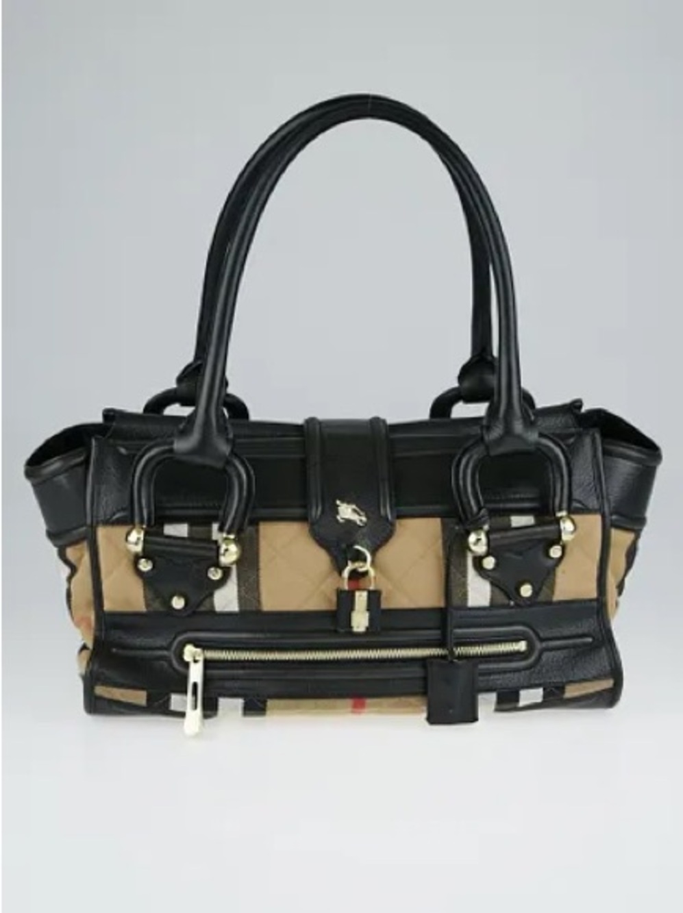 Burberry Nova Check Quilted Canvas Large Manor Bag black leather east west style